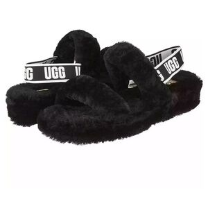 Black Fuzzy Double Strap Slides Slippers Size 8